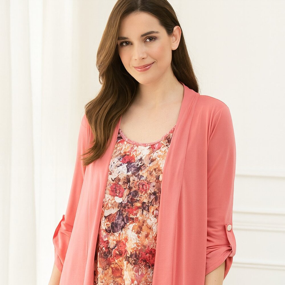 VTG Notations Pink Tiered Ruffled Floral Cardigan Twin‎ Set Lagun Boho Career 1X